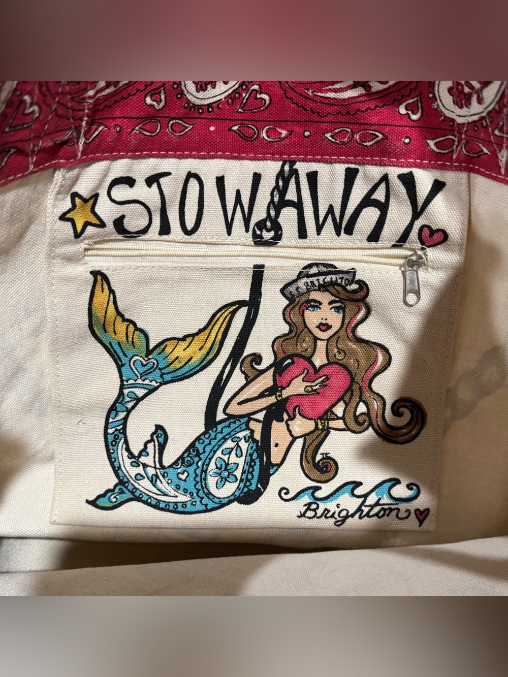 Brighton Seas The Day Canvas Tote - Blue, Red & Cream - Picture 7 of 7